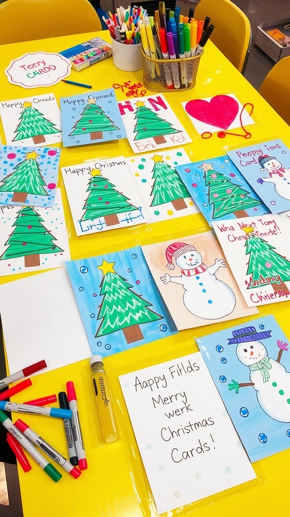 A collection of vibrant handmade Christmas cards with festive designs made by young children.